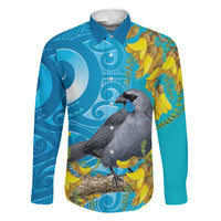 New Zealand Kokako Bird Family Matching Off The Shoulder Long Sleeve Dress and Hawaiian Shirt Maori Koru With Kowhai Flowers LT05 Dad's Shirt - Long Sleeve Aqua - Polynesian Pride