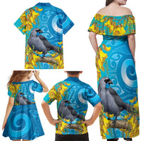 New Zealand Kokako Bird Family Matching Off Shoulder Maxi Dress and Hawaiian Shirt Maori Koru With Kowhai Flowers LT05 - Polynesian Pride