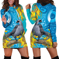 New Zealand Kokako Bird Hoodie Dress Maori Koru With Kowhai Flowers LT05 - Polynesian Pride