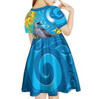 New Zealand Kokako Bird Kid Short Sleeve Dress Maori Koru With Kowhai Flowers LT05 - Polynesian Pride