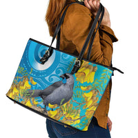 New Zealand Kokako Bird Leather Tote Bag Maori Koru With Kowhai Flowers - Polynesian Pride