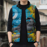 New Zealand Kokako Bird Sleeveless Puffer Jacket Maori Koru With Kowhai Flowers - Polynesian Pride