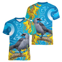 New Zealand Kokako Bird Women V-Neck T-Shirt Maori Koru With Kowhai Flowers LT05 - Polynesian Pride
