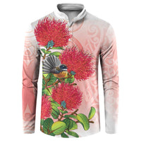 New Zealand Fantail Button Sweatshirt Maori Koru With Pohutukawa Flowers - Polynesian Pride