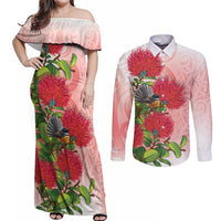New Zealand Fantail Couples Matching Off Shoulder Maxi Dress and Long Sleeve Button Shirt Maori Koru With Pohutukawa Flowers LT05 Red - Polynesian Pride