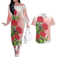 New Zealand Fantail Couples Matching Off The Shoulder Long Sleeve Dress and Hawaiian Shirt Maori Koru With Pohutukawa Flowers LT05 Red - Polynesian Pride