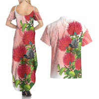 New Zealand Fantail Couples Matching Summer Maxi Dress and Hawaiian Shirt Maori Koru With Pohutukawa Flowers LT05 - Polynesian Pride