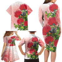 New Zealand Fantail Family Matching Long Sleeve Bodycon Dress and Hawaiian Shirt Maori Koru With Pohutukawa Flowers LT05 - Polynesian Pride