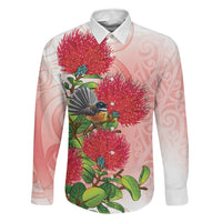New Zealand Fantail Family Matching Long Sleeve Bodycon Dress and Hawaiian Shirt Maori Koru With Pohutukawa Flowers LT05 Dad's Shirt - Long Sleeve Red - Polynesian Pride