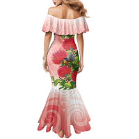 New Zealand Fantail Family Matching Mermaid Dress and Hawaiian Shirt Maori Koru With Pohutukawa Flowers LT05 - Polynesian Pride
