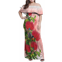 New Zealand Fantail Family Matching Off Shoulder Maxi Dress and Hawaiian Shirt Maori Koru With Pohutukawa Flowers LT05 Mom's Dress Red - Polynesian Pride