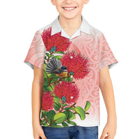 New Zealand Fantail Family Matching Off Shoulder Maxi Dress and Hawaiian Shirt Maori Koru With Pohutukawa Flowers LT05 Son's Shirt Red - Polynesian Pride