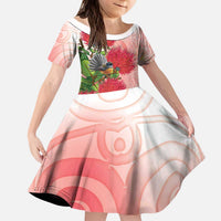 New Zealand Fantail Kid Short Sleeve Dress Maori Koru With Pohutukawa Flowers LT05 KID Red - Polynesian Pride