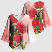 New Zealand Fantail Kimono Sleeve Blouse Maori Koru With Pohutukawa Flowers - Polynesian Pride