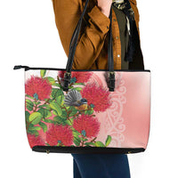 New Zealand Fantail Leather Tote Bag Maori Koru With Pohutukawa Flowers - Polynesian Pride