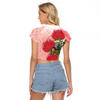 New Zealand Fantail Raglan Cropped T Shirt Maori Koru With Pohutukawa Flowers LT05 - Polynesian Pride