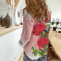 New Zealand Fantail Women Casual Shirt Maori Koru With Pohutukawa Flowers LT05 - Polynesian Pride