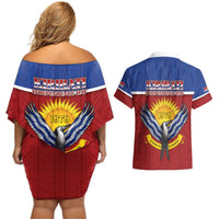 Kiribati 45th Independence Day Couples Matching Off Shoulder Short Dress and Hawaiian Shirt Lesser Frigatebird Tribal Pattern
