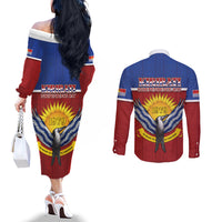 Kiribati 45th Independence Day Couples Matching Off The Shoulder Long Sleeve Dress and Long Sleeve Button Shirt Lesser Frigatebird Tribal Pattern