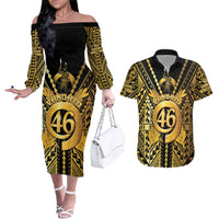 Vanuatu 46th Anniversary Of Independence Couples Matching Off The Shoulder Long Sleeve Dress and Hawaiian Shirt Gold Style LT05 Gold - Polynesian Pride