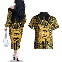 Vanuatu 46th Anniversary Of Independence Couples Matching Off The Shoulder Long Sleeve Dress and Hawaiian Shirt Gold Style LT05 - Polynesian Pride