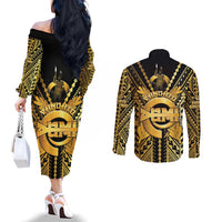Vanuatu 46th Anniversary Of Independence Couples Matching Off The Shoulder Long Sleeve Dress and Long Sleeve Button Shirt Gold Style LT05 - Polynesian Pride