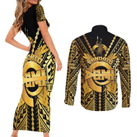 Vanuatu 46th Anniversary Of Independence Couples Matching Short Sleeve Bodycon Dress and Long Sleeve Button Shirt Gold Style LT05 - Polynesian Pride