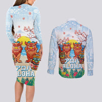 Hawaii And Japan Okinawa Couples Matching Long Sleeve Bodycon Dress and Long Sleeve Button Shirt Aloha Gozaimasu Tiki With Shisa LT05 - Polynesian Pride