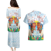 Hawaii And Japan Okinawa Couples Matching Puletasi and Hawaiian Shirt Aloha Gozaimasu Tiki With Shisa