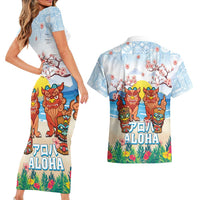 Hawaii And Japan Okinawa Couples Matching Short Sleeve Bodycon Dress and Hawaiian Shirt Aloha Gozaimasu Tiki With Shisa LT05 - Polynesian Pride