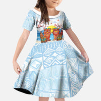 Hawaii And Japan Okinawa Family Matching Long Sleeve Bodycon Dress and Hawaiian Shirt Aloha Gozaimasu Tiki With Shisa LT05 Daughter's Dress Blue - Polynesian Pride