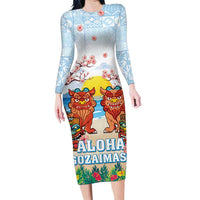 Hawaii And Japan Okinawa Family Matching Long Sleeve Bodycon Dress and Hawaiian Shirt Aloha Gozaimasu Tiki With Shisa LT05 Mom's Dress Blue - Polynesian Pride