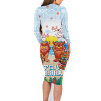 Hawaii And Japan Okinawa Family Matching Long Sleeve Bodycon Dress and Hawaiian Shirt Aloha Gozaimasu Tiki With Shisa LT05 - Polynesian Pride