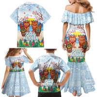 Hawaii And Japan Okinawa Family Matching Mermaid Dress and Hawaiian Shirt Aloha Gozaimasu Tiki With Shisa LT05 - Polynesian Pride