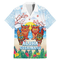 Hawaii And Japan Okinawa Family Matching Mermaid Dress and Hawaiian Shirt Aloha Gozaimasu Tiki With Shisa LT05 Dad's Shirt - Short Sleeve Blue - Polynesian Pride