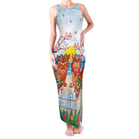 Hawaii And Japan Okinawa Family Matching Tank Maxi Dress and Hawaiian Shirt Aloha Gozaimasu Tiki With Shisa LT05 Mom's Dress Blue - Polynesian Pride