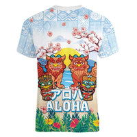 Hawaii And Japan Okinawa Women V-Neck T-Shirt Aloha Gozaimasu Tiki With Shisa