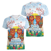 Hawaii And Japan Okinawa Women V-Neck T-Shirt Aloha Gozaimasu Tiki With Shisa