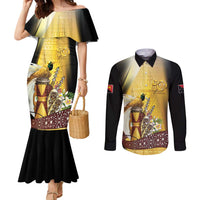 Papua New Guinea Couples Matching Mermaid Dress and Long Sleeve Button Shirt Independence Day Unique Style LT05 Gold - Polynesian Pride