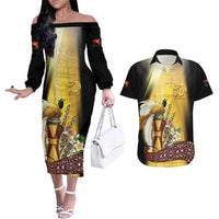 Papua New Guinea Couples Matching Off The Shoulder Long Sleeve Dress and Hawaiian Shirt 50 Years Of Independence LT05 Gold - Polynesian Pride