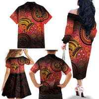 Papua New Guinea Family Matching Off The Shoulder Long Sleeve Dress and Hawaiian Shirt Birds Of Paradise With Aboriginal Pattern LT05 - Polynesian Pride