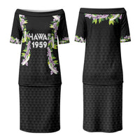 Hawaii Statehood Day Couples Matching Puletasi and Hawaiian Shirt Kakau Pattern With Maile Pikake Honohono Lei