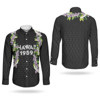 Hawaii Statehood Day Couples Matching Puletasi and Long Sleeve Button Shirt Kakau Pattern With Maile Pikake Honohono Lei
