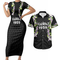 Hawaii Statehood Day Couples Matching Short Sleeve Bodycon Dress and Hawaiian Shirt Kakau Pattern With Maile Pikake Honohono Lei
