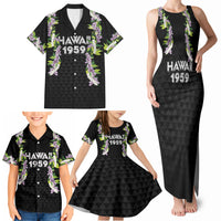 Hawaii Statehood Day Family Matching Tank Maxi Dress and Hawaiian Shirt Kakau Pattern With Maile Pikake Honohono Lei