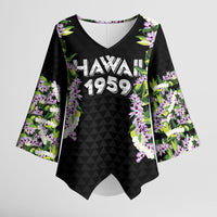 Hawaii Statehood Day Kimono Sleeve Blouse Kakau Pattern With Maile Pikake Honohono Lei