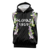 Hawaii Statehood Day Sleeveless Hoodie Kakau Pattern With Maile Pikake Honohono Lei