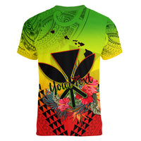 Personalized Hawaii Women V Neck T Shirt Kakau Kanaka Maoli With Hibiscus Flowers LT05 - Polynesian Pride