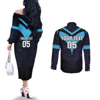 Custom Fiji Kaiviti Rugby Couples Matching Off The Shoulder Long Sleeve Dress and Long Sleeve Button Shirt Fiji Tapa Pattern LT05 - Polynesian Pride