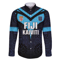 Custom Fiji Kaiviti Rugby Family Matching Mermaid Dress and Hawaiian Shirt Fiji Tapa Pattern LT05 Dad's Shirt - Long Sleeve Blue - Polynesian Pride